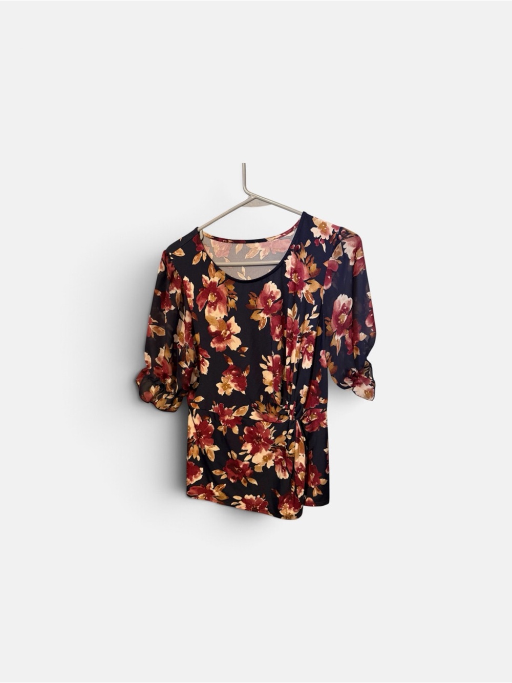 Floral Scoop Neck Blouse - Navy with Red & Gold Flowers